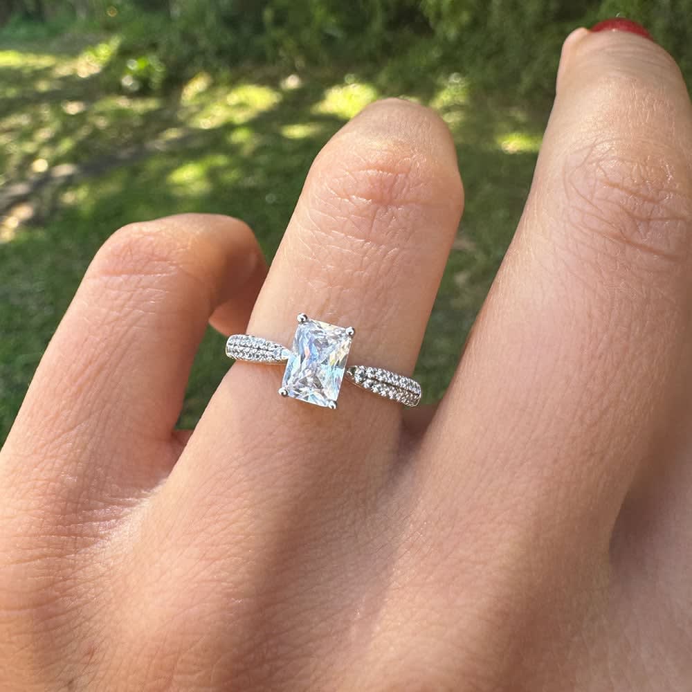 Radiant cut diamond on a diamond band
