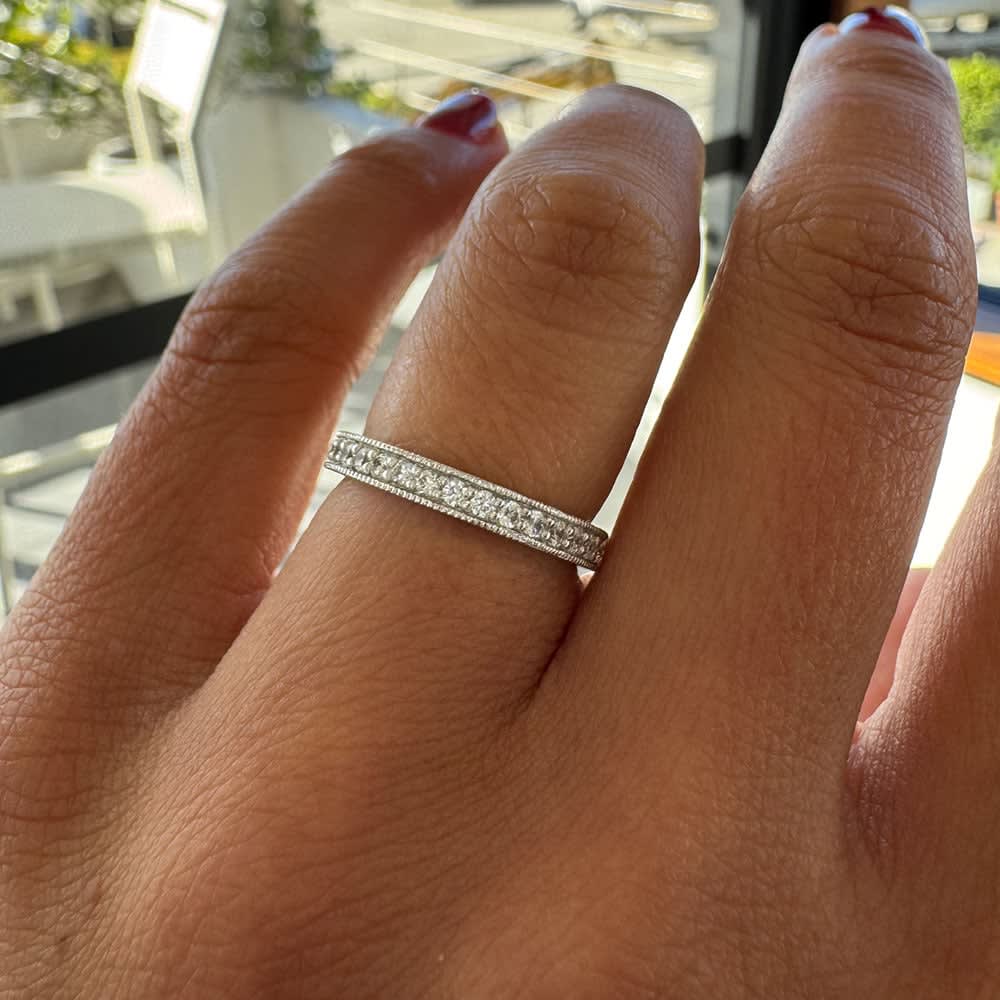 Classic pave wedding band with milgrain edges
