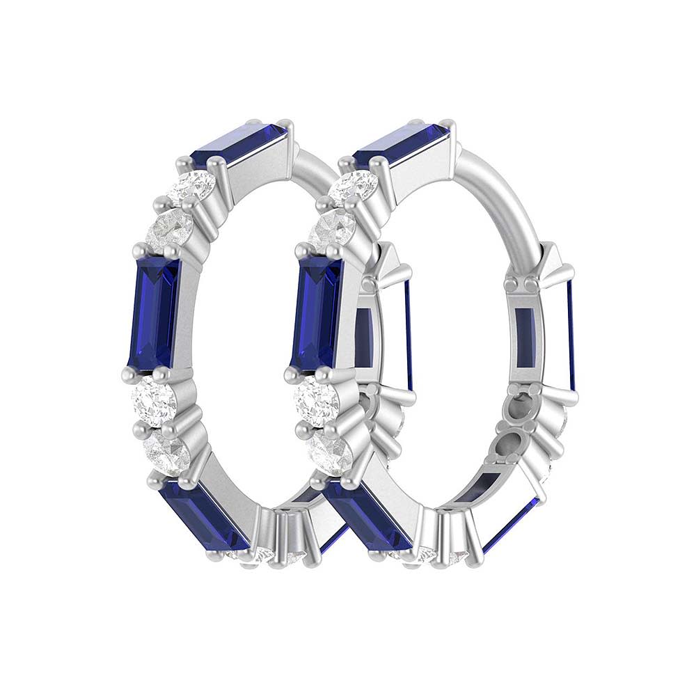 Sapphire Baggettes and round diamonds huggies