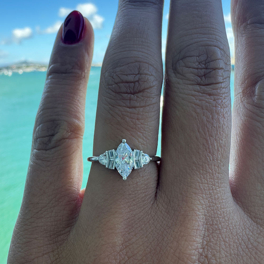 Lab marquise and diamond unique ring