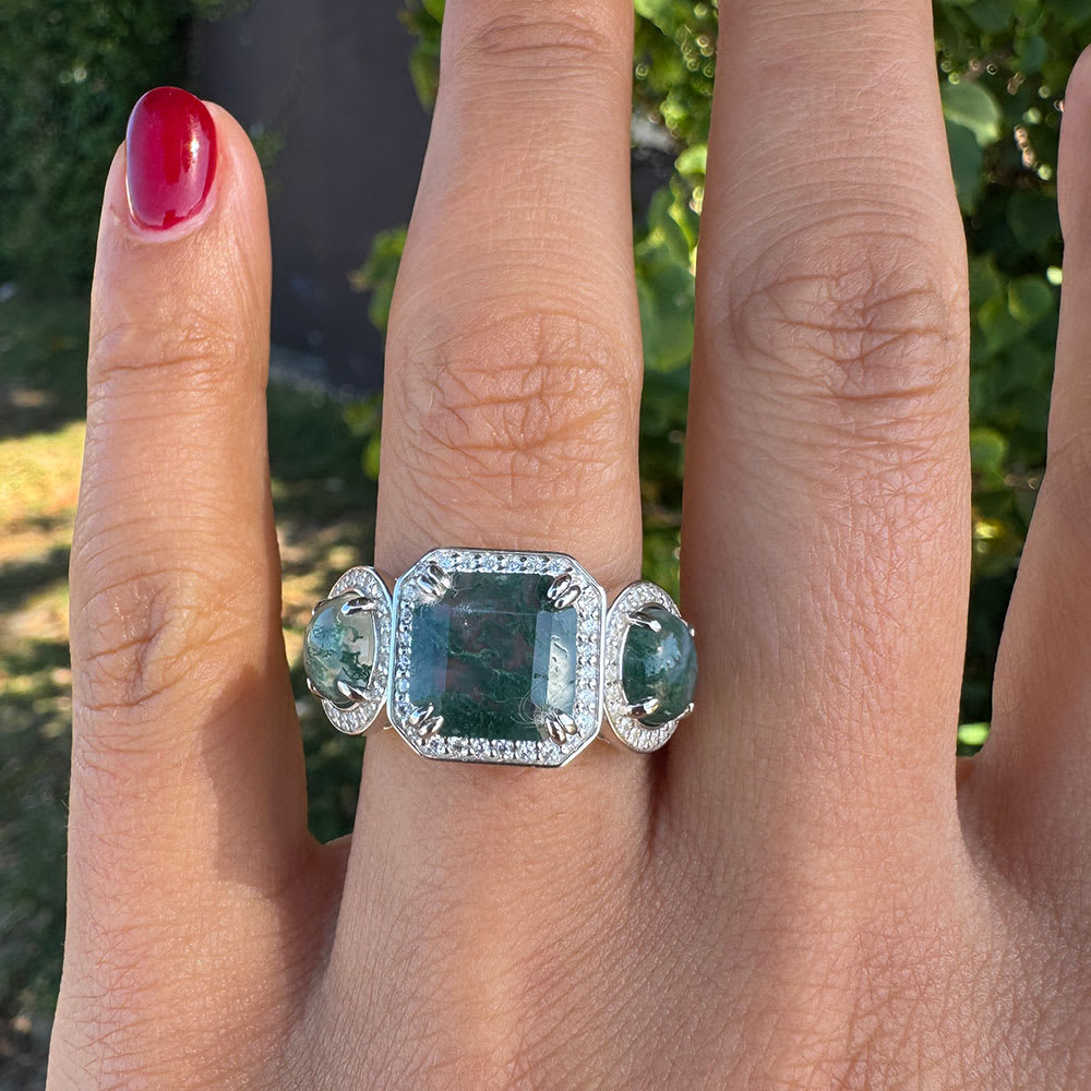 Large moss agate and diamond ring