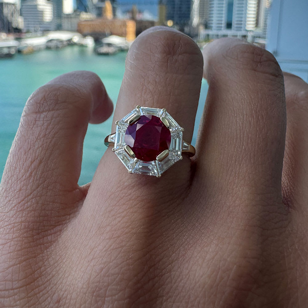 Round lab Ruby with baguette halo