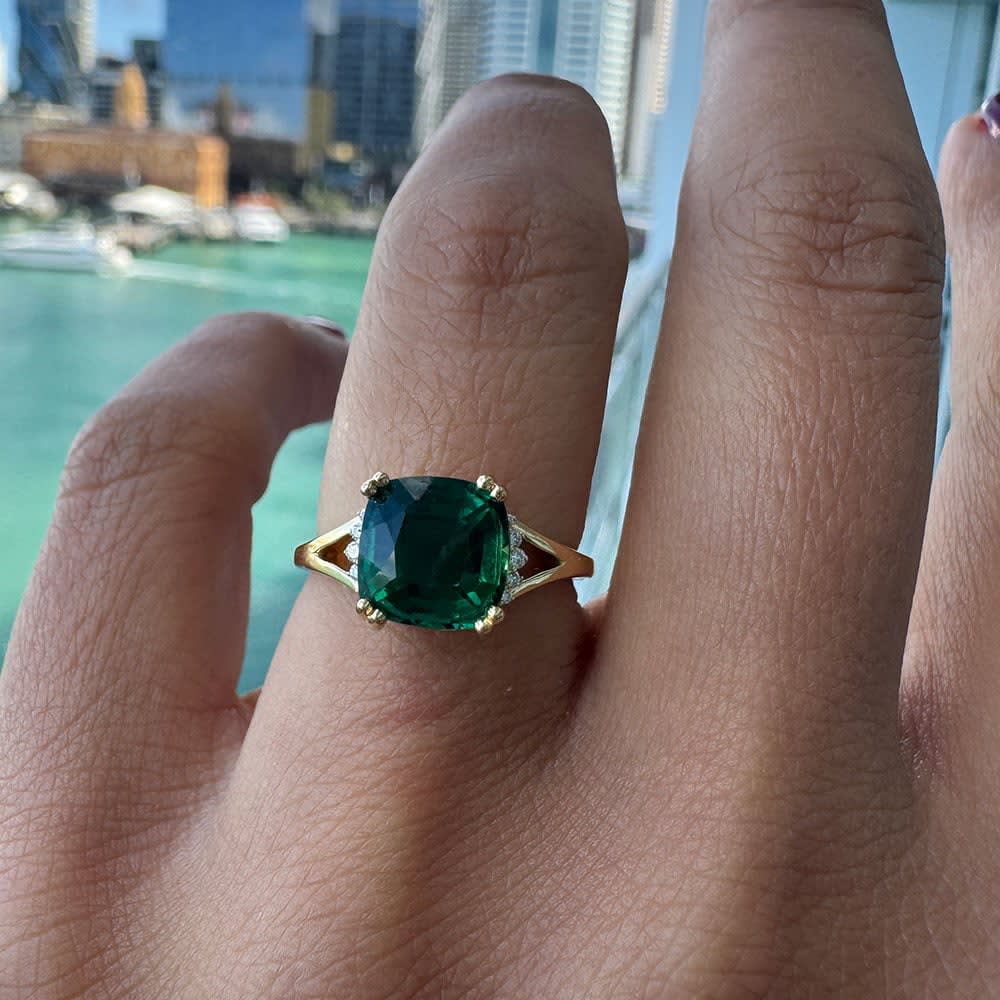 Cushion cut lab emerald ring