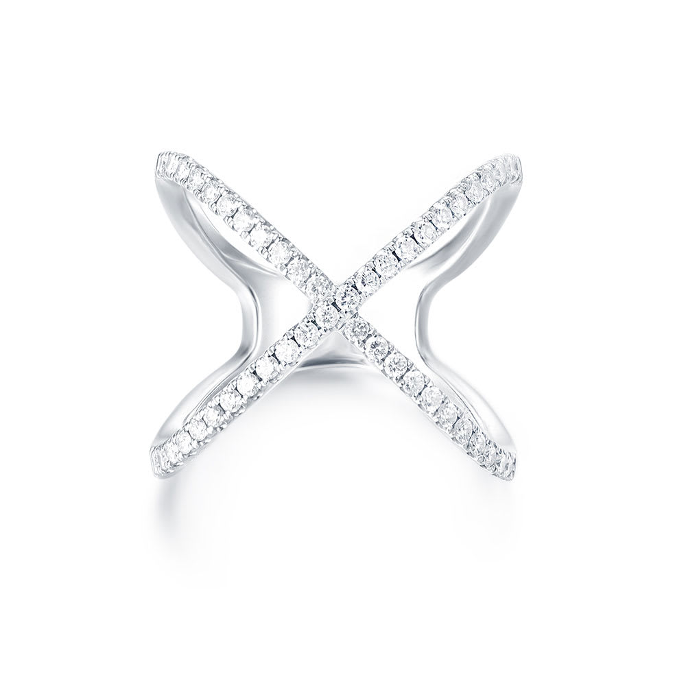 X Ring with White Diamonds in Yellow, Rose or White Gold