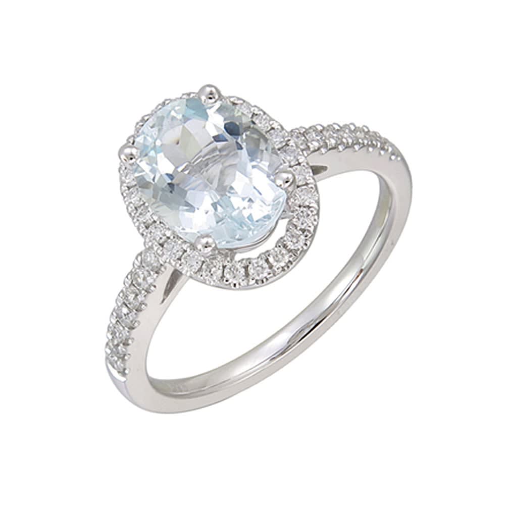 Oval Aquamarine with diamond halo ring