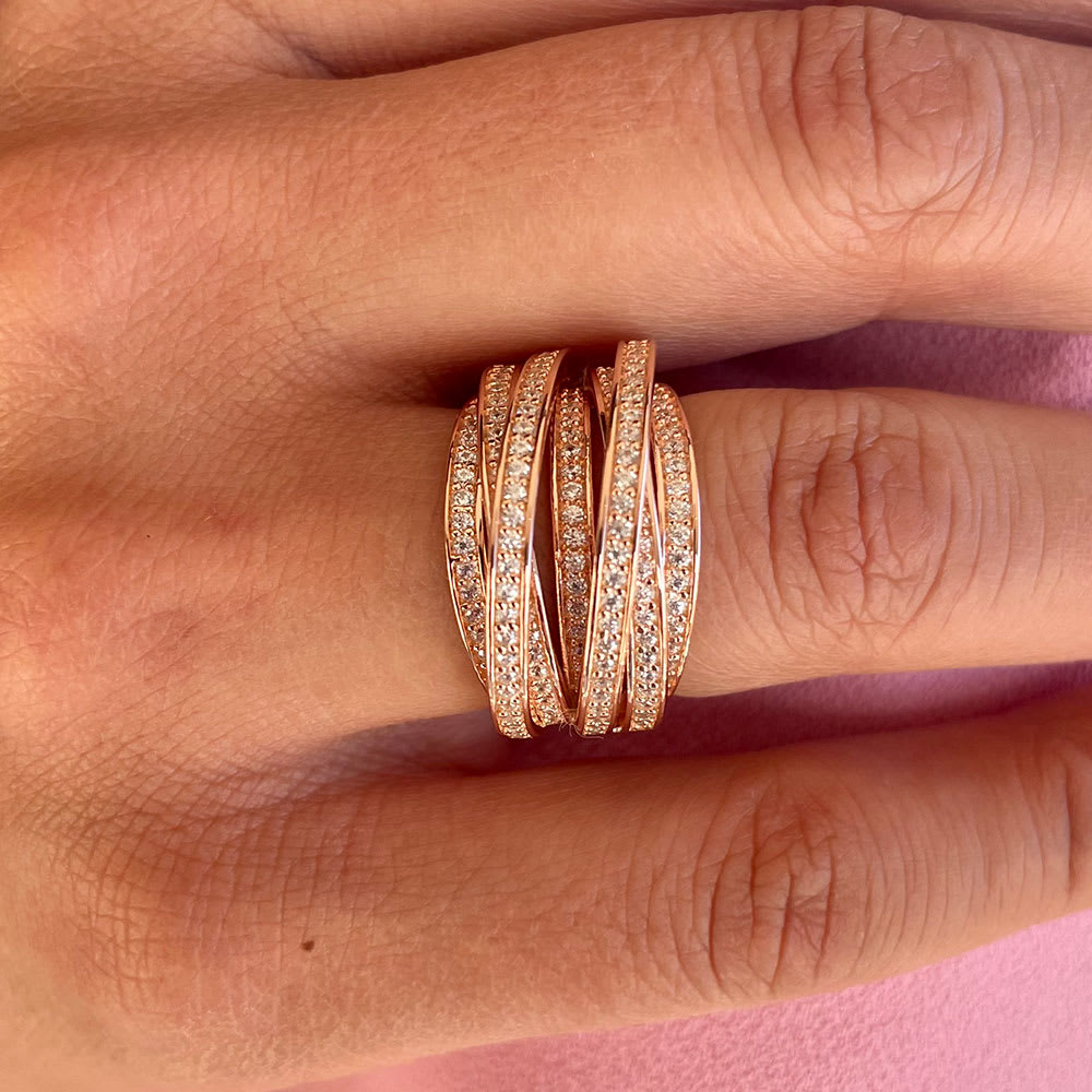pave multi row round diamond ring