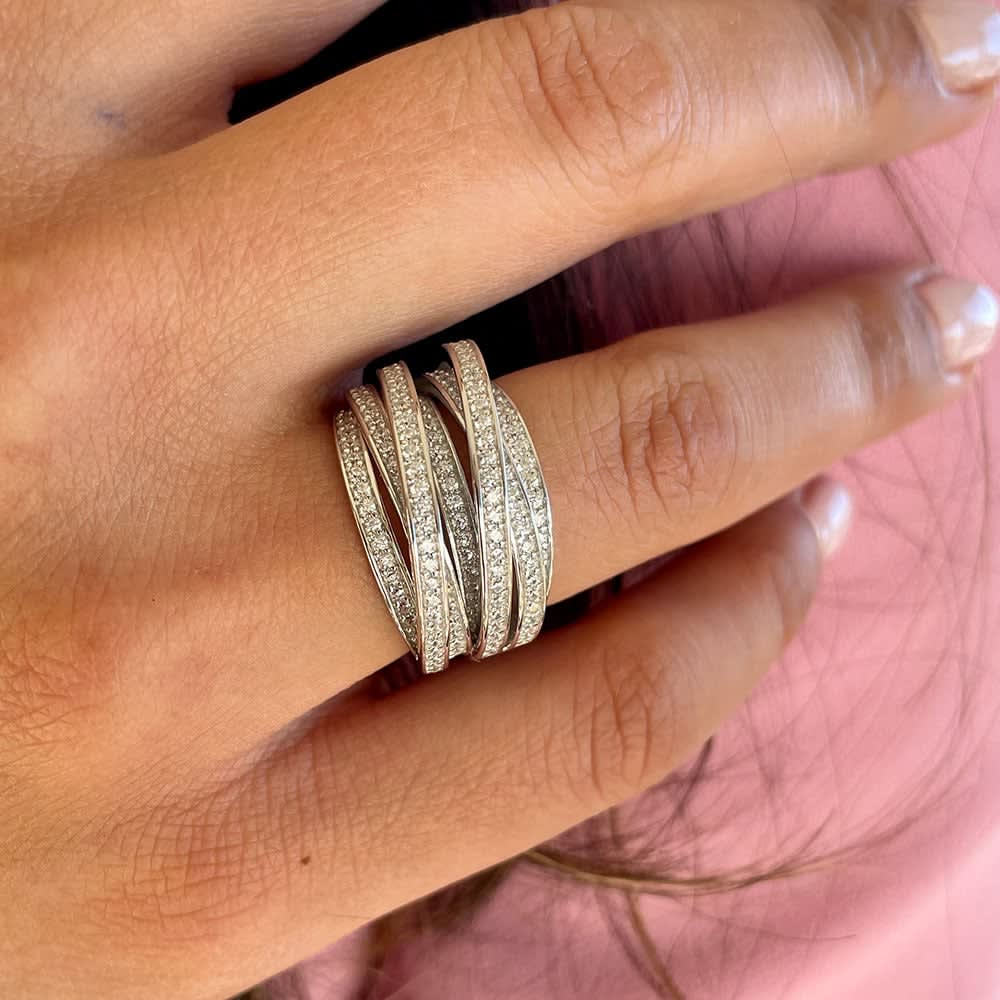 pave multi row round diamond ring