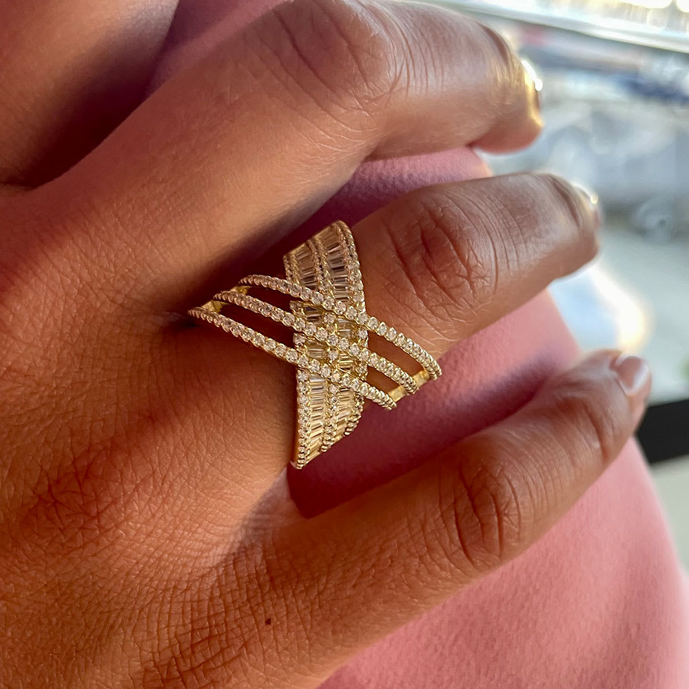 Wide baguette cut diamond ring