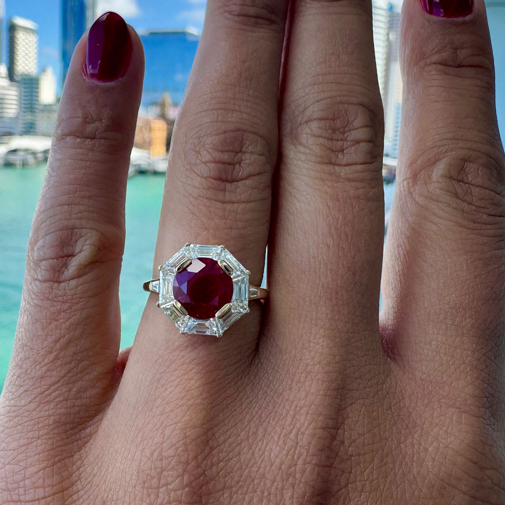 Round lab Ruby with baguette halo