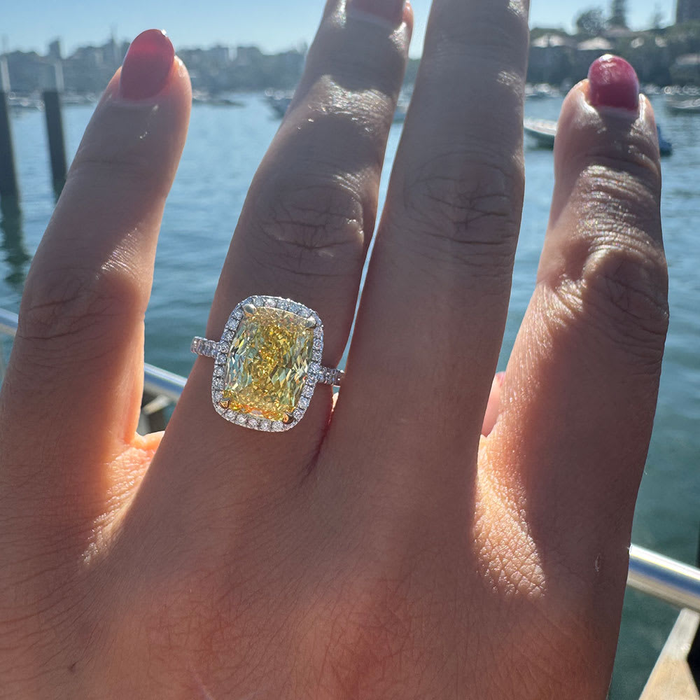 Yellow cushion cut lab diamond engagement ring