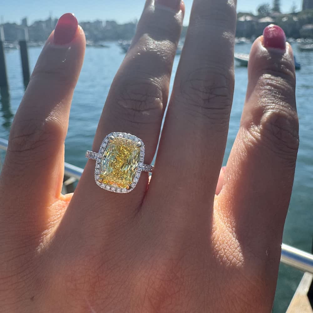 Yellow cushion cut lab diamond engagement ring