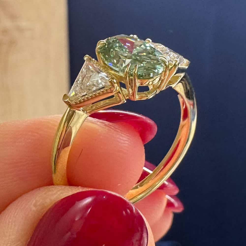 Lab green diamond trilogy ring