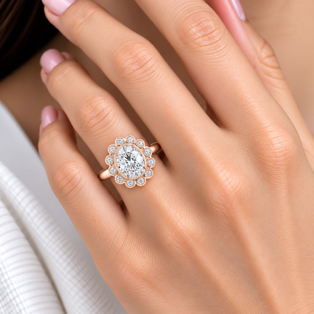 oval diamond with bezel set halo
