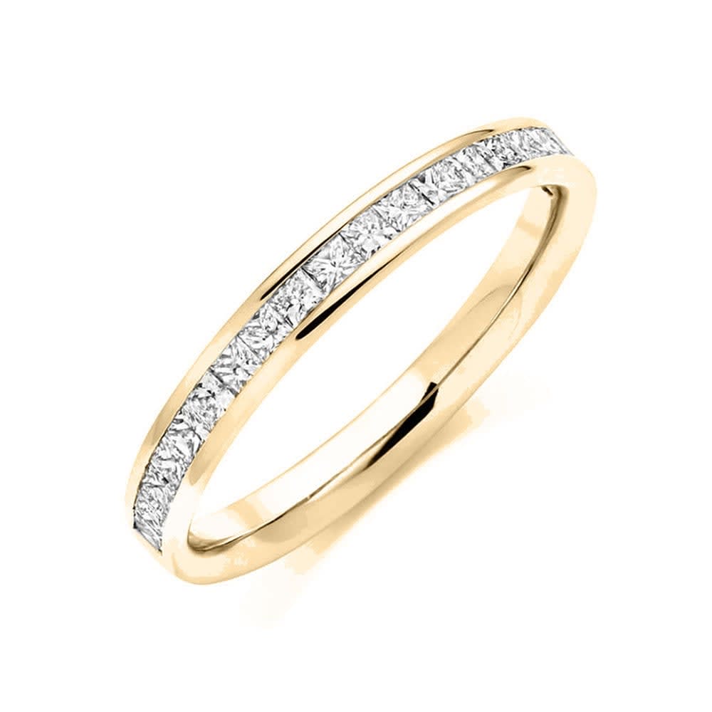 Princess Cut in Channel setting in yellow gold