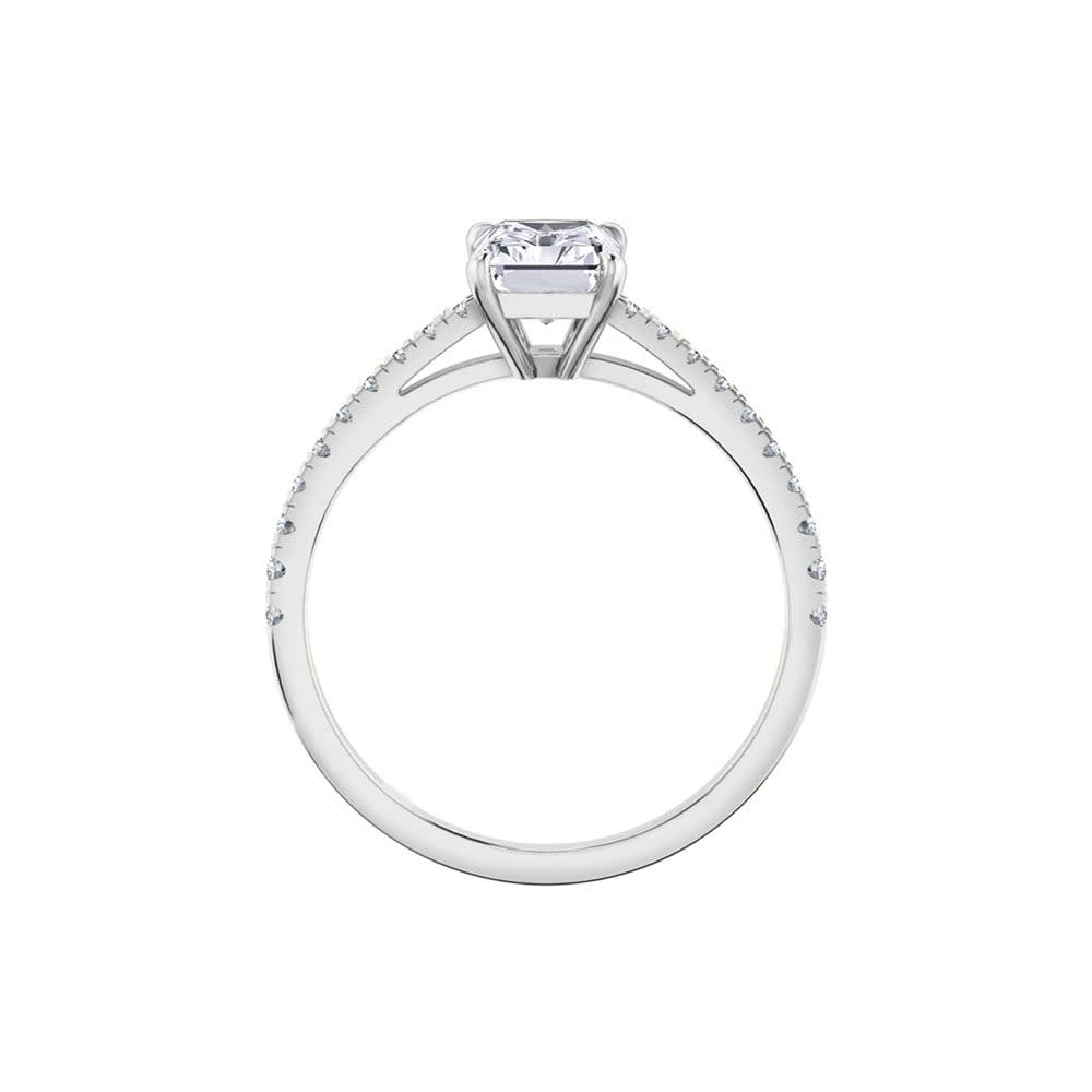 Radiant cut diamond engagement ring on a diamond band
