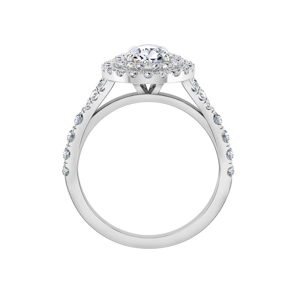 Pear cut engagement ring with double halo and split band