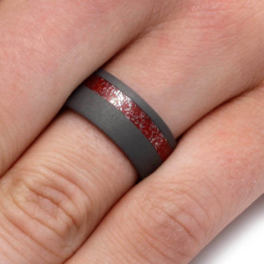 Red Stardust Mens Wedding Band In Sandblasted Titanium