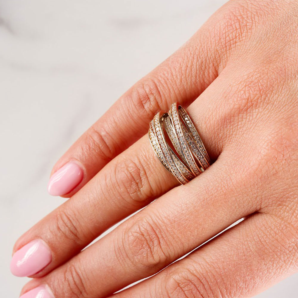 pave multi row round diamond ring