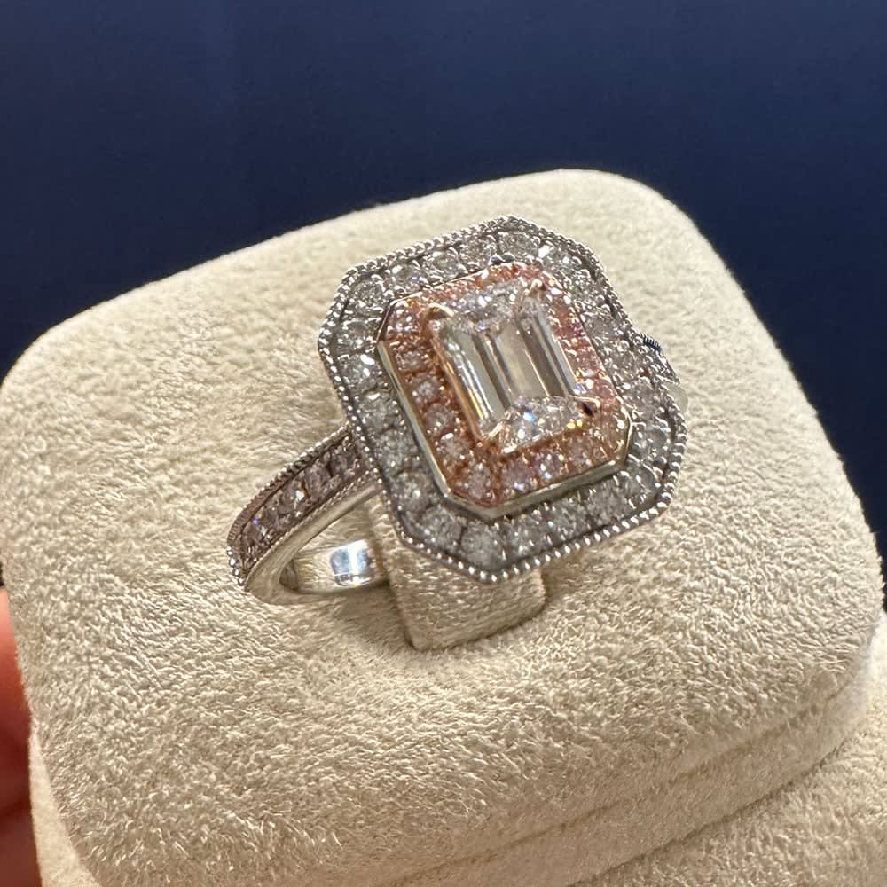 Emerald lab diamond with pink and white lab halo