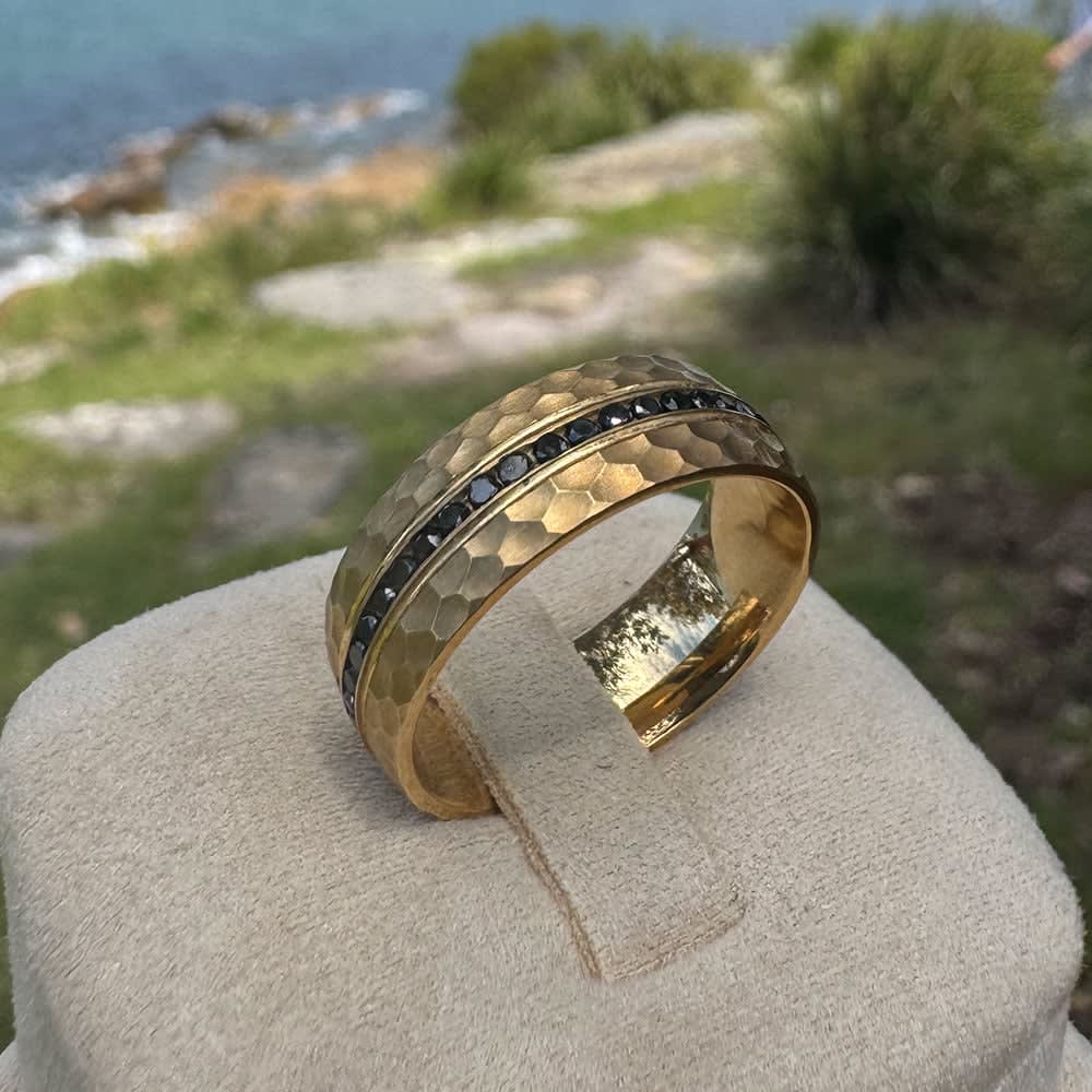 7mm black diamond ring in yellow gold