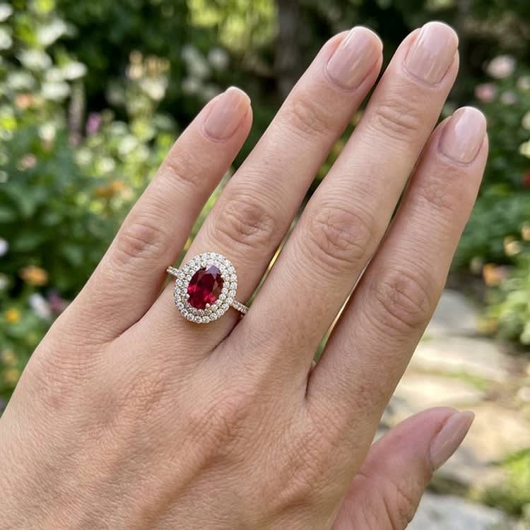 Double halo ruby and diamond ring