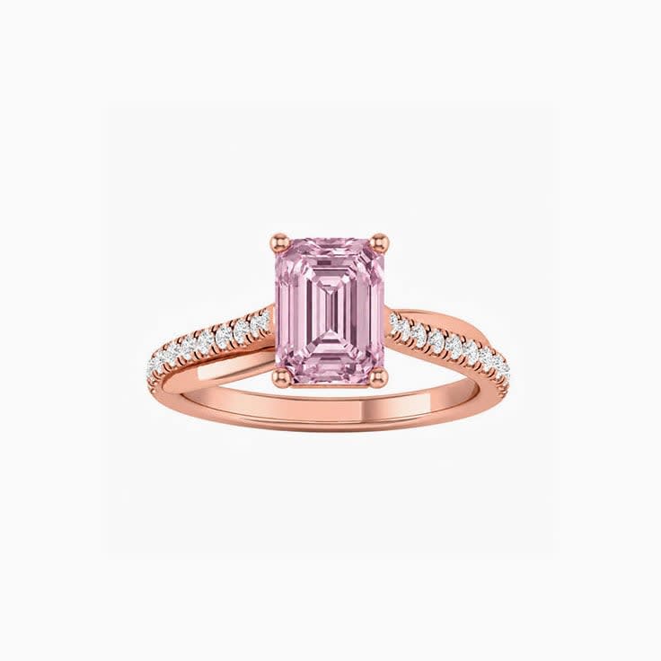 Pink Lab Emerald Cut Diamond Engagement Ring On A Twisted Band