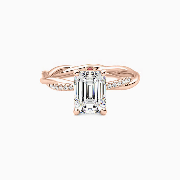 Emerald Cut Diamond Engagement Twisted Shank Pave Ring