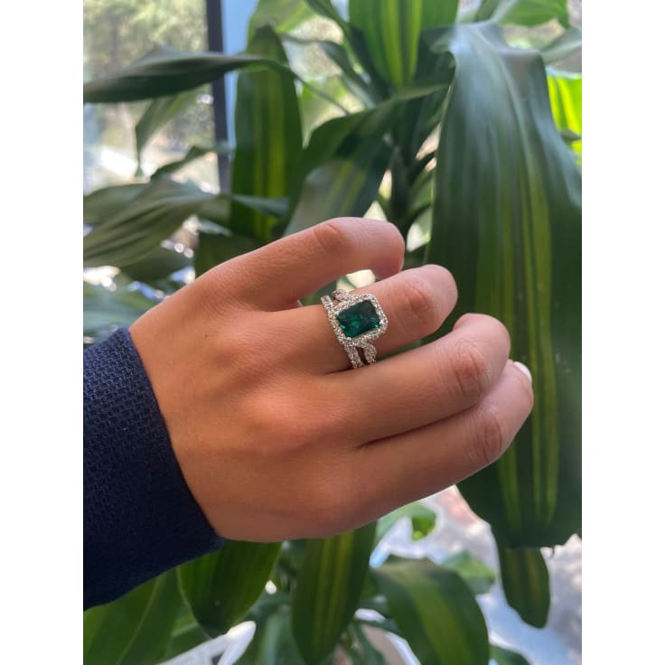 Green Emerald and Diamond Halo Ring