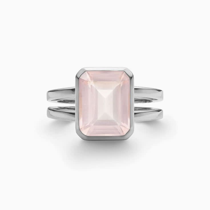 Emerald Cut Rose Quartz On Split Shank Band