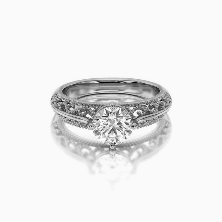 Lab Grown Beaded Pattern Round Diamond Engagement Ring