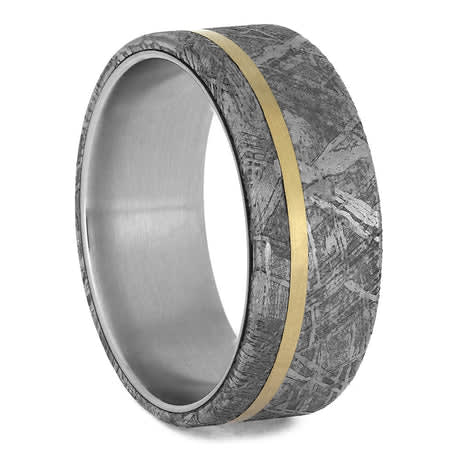 Mens titanium ring with meteorite and gold stripe