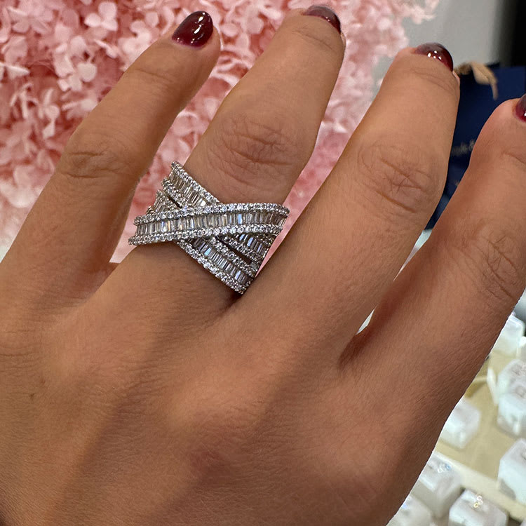 baguette diamond crossover ring