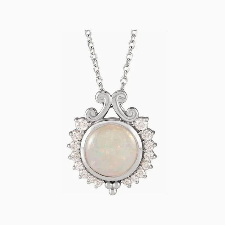 Round opal with diamond halo necklace