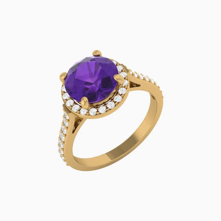 Round amethyst with lab diamond ring