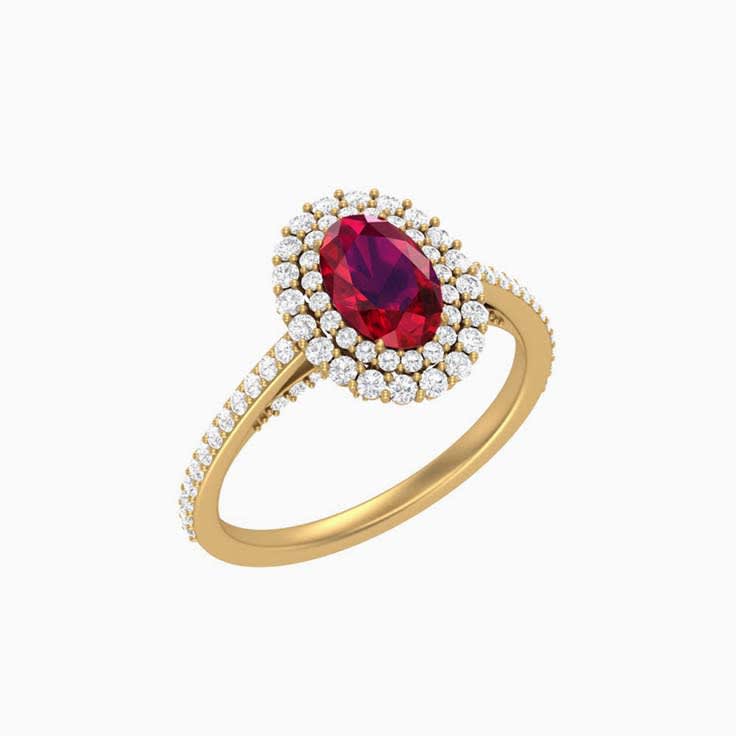 Double halo ruby and diamond ring