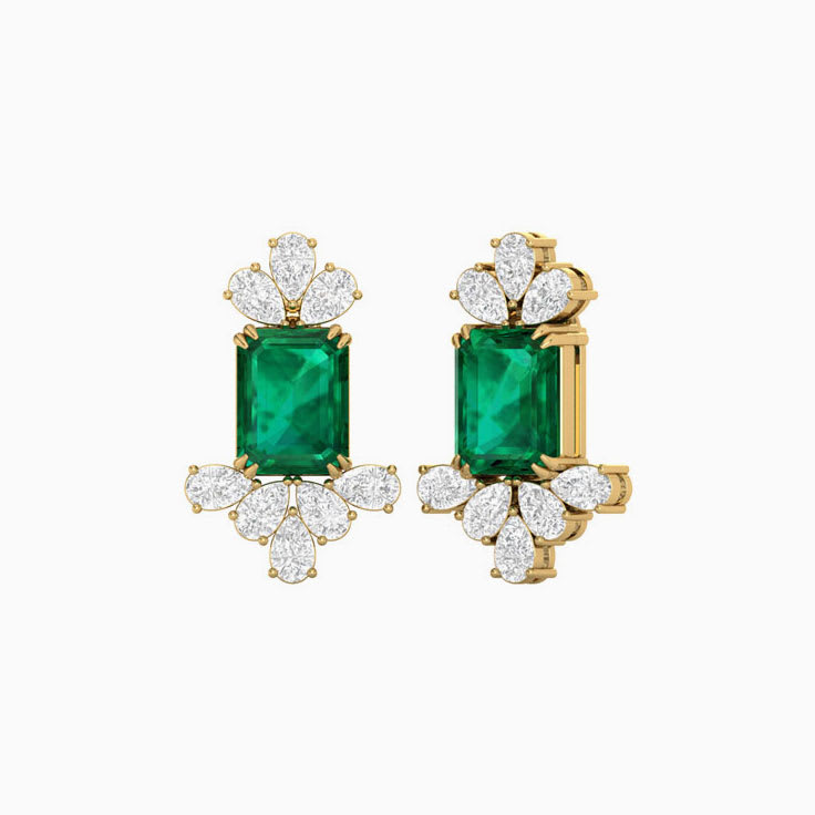 Lab Green Emerald and White Diamond Earrings