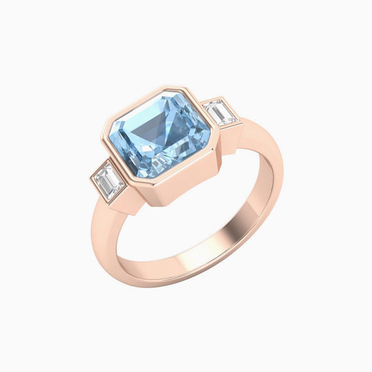 Aquamarine With Baguette Trilogy Ring