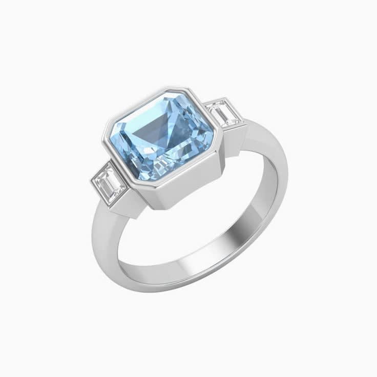 Aquamarine With Baguette Trilogy Ring