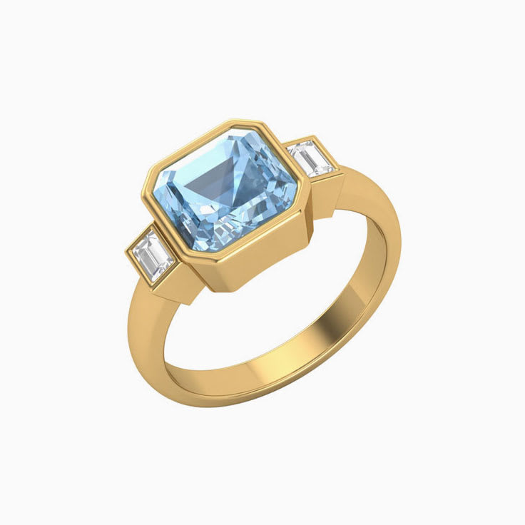 Aquamarine With Baguette Trilogy Ring
