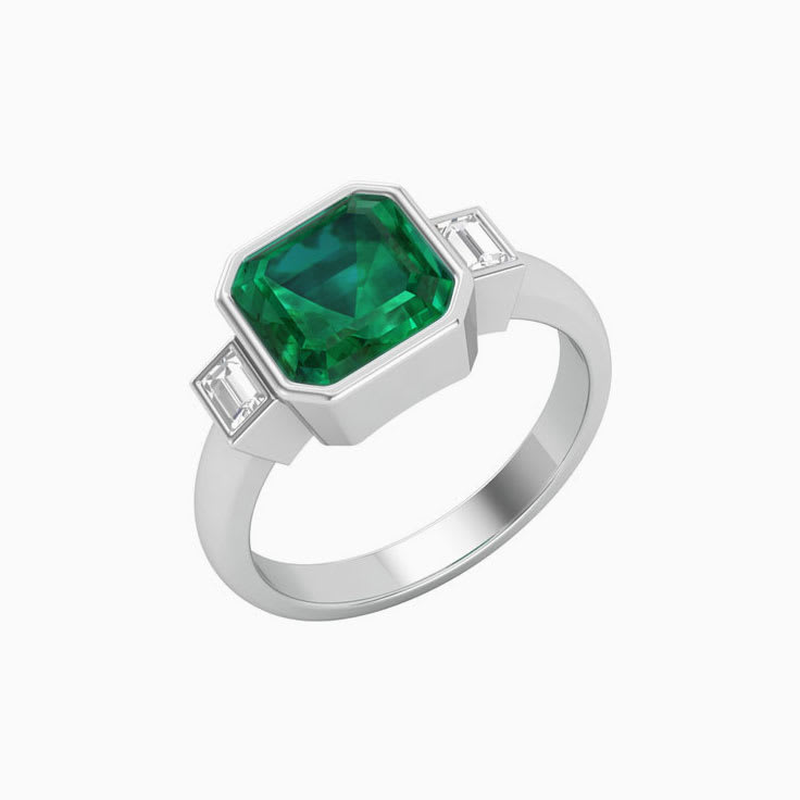 Green Emerald With Baguette Trilogy Ring