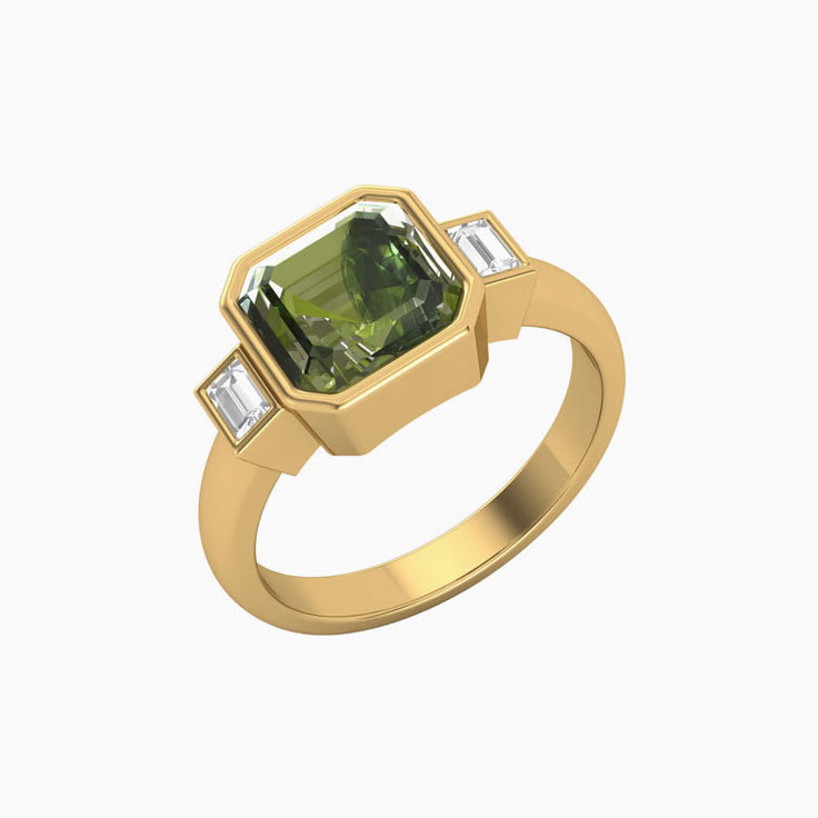 Sapphire Green With Baguette Trilogy Ring