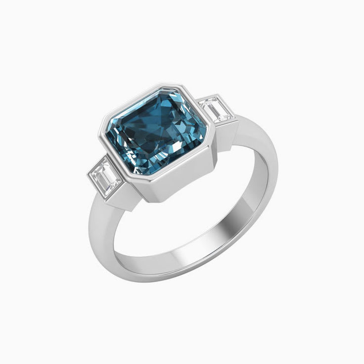 Teal Sapphire With Baguette Trilogy Ring