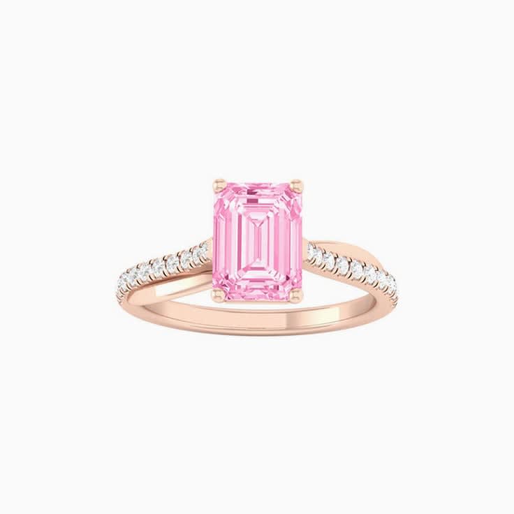 Pink Lab Emerald Cut Diamond Engagement Ring On A Twisted Band