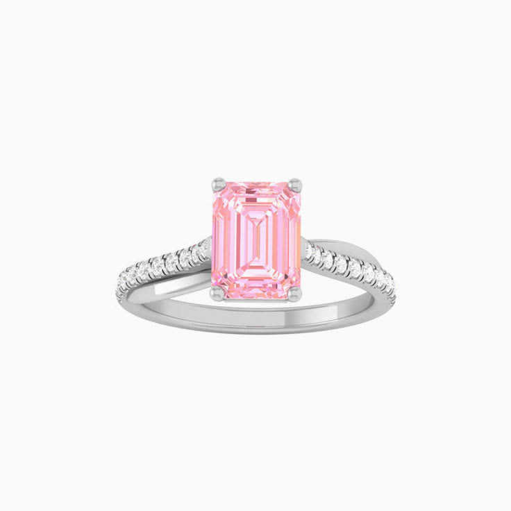 Pink Lab Emerald Cut Diamond Engagement Ring On A Twisted Band