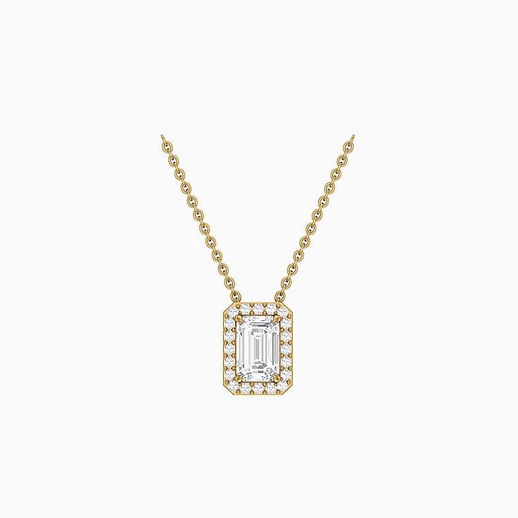 Half carat Classic emerald halo diamond necklace