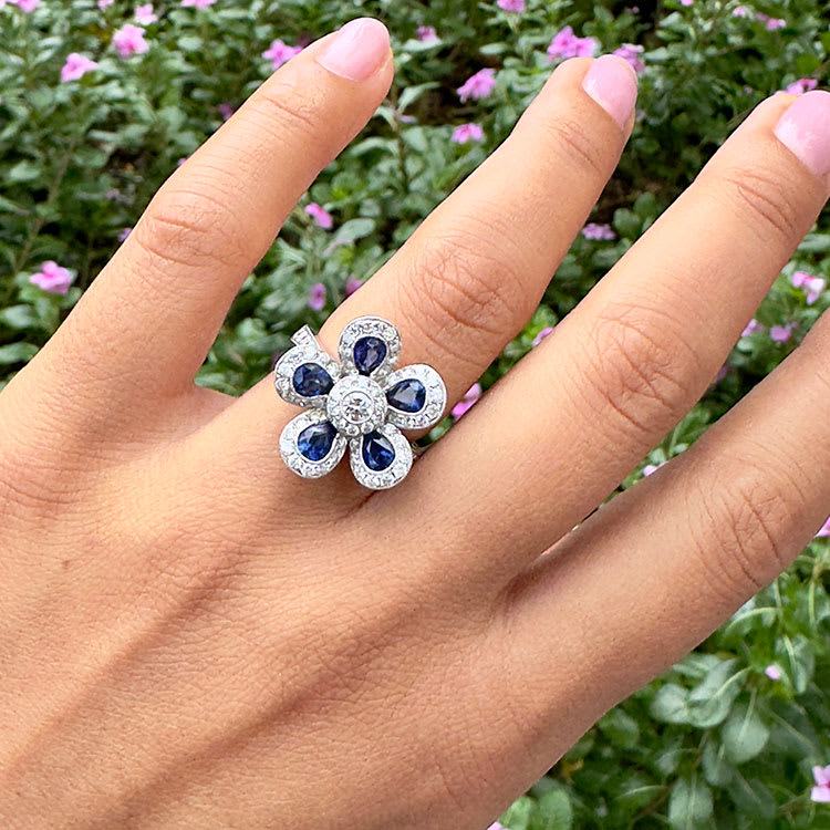 Blue sapphire floral diamond ring