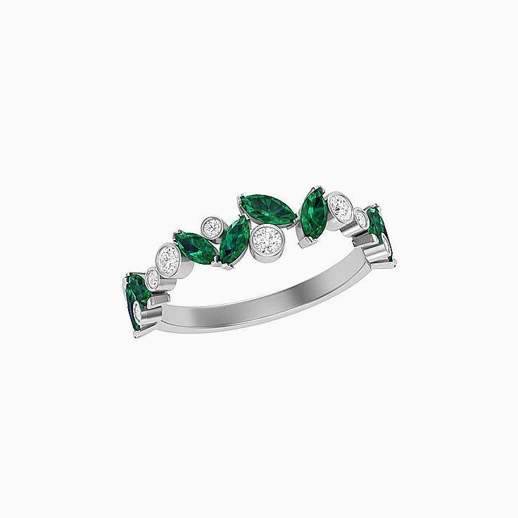 Green emerald with white diamond wedding ring