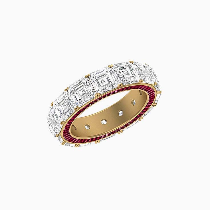 Lab Asscher and ruby baguette diamond ring