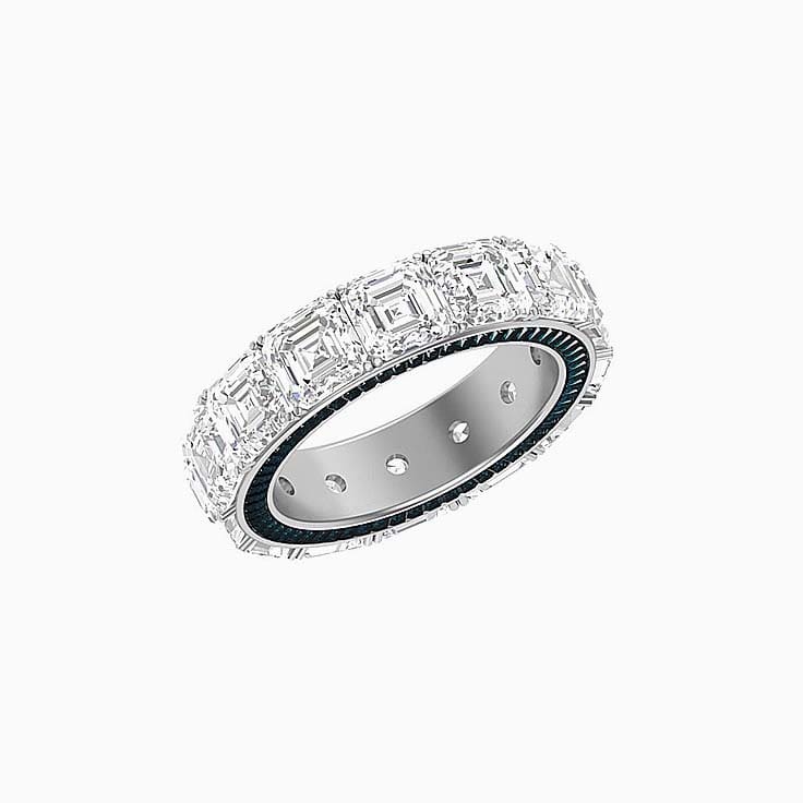 Lab Asscher and Teal Sapphire baguette diamond ring