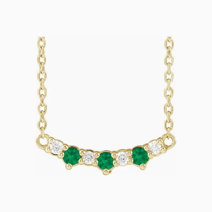 Emerald and Diamond Three Stone Bar Necklace